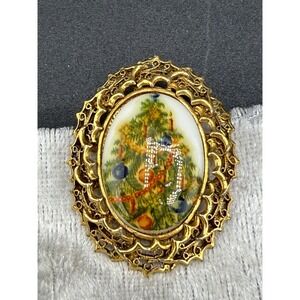 Vintage Tancer II Christmas Tree Cheer Pin Brooch Porcelain Gold Tone